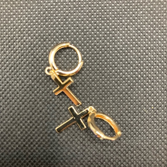 Cross Earrings Gold Huggie Hoop Dangle Drop - Picture 4 of 12
